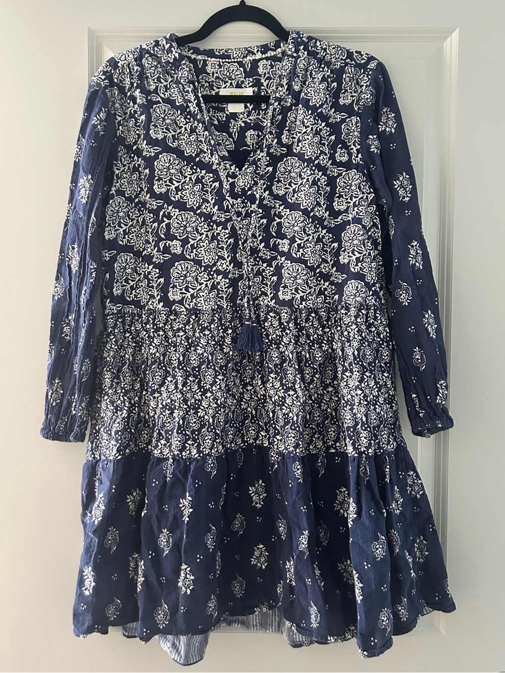 Maeve Anthropologie Navy Floral Tiered Boho Dress Size Small